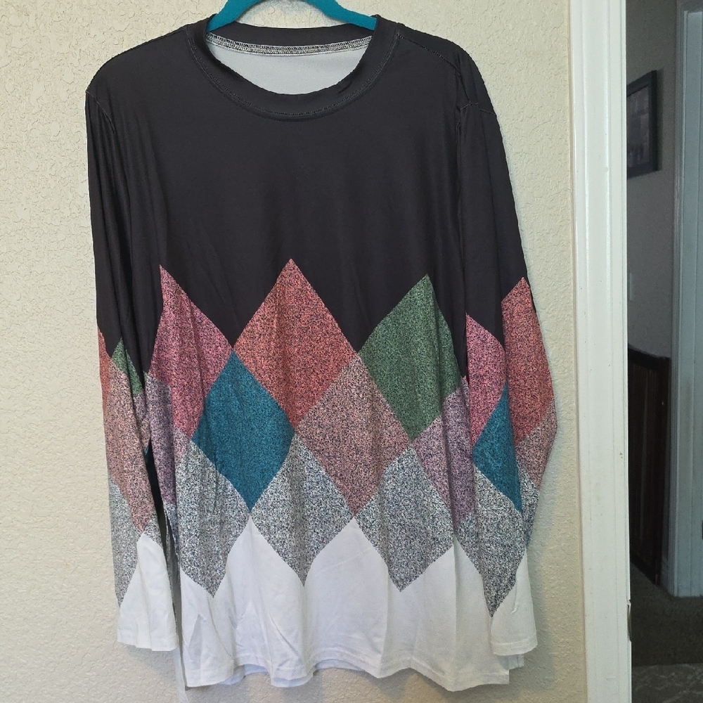 Black Long Sleeve Geometric Diamond Print Top and Pant Set